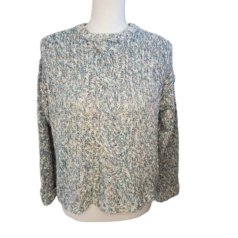 Vintage 90s Chunky‎ Yarnknit Cable Knit Blue Speckled Sweater Semi-cropped Small